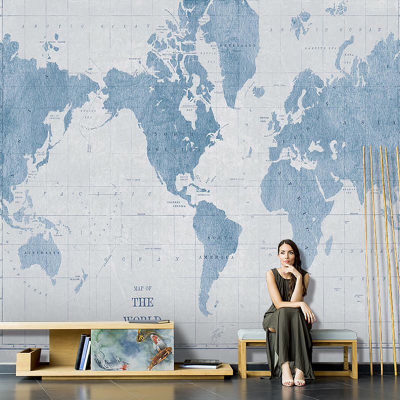 Contemporary World Map Mural Wallpaper in Pastel Blue Coffee Shop Wall Covering, Full Size
