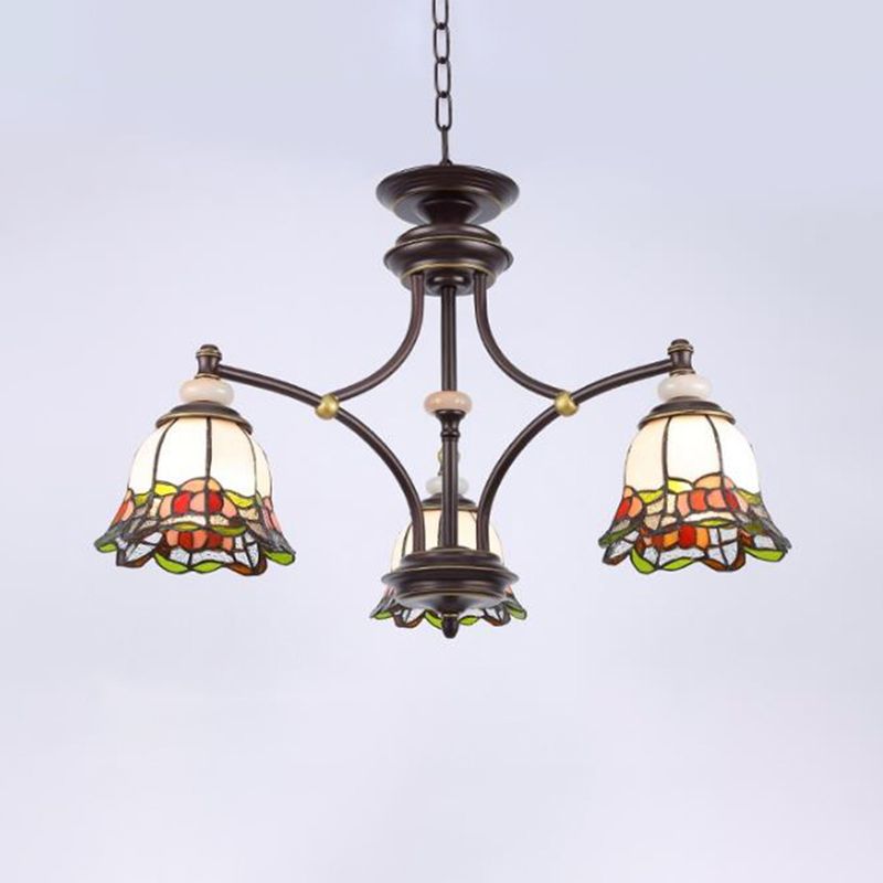 Tiffany Flower Chandelier Lamp 3/6/8 Lights Stained Glass Suspension Lighting in Black for Living Room