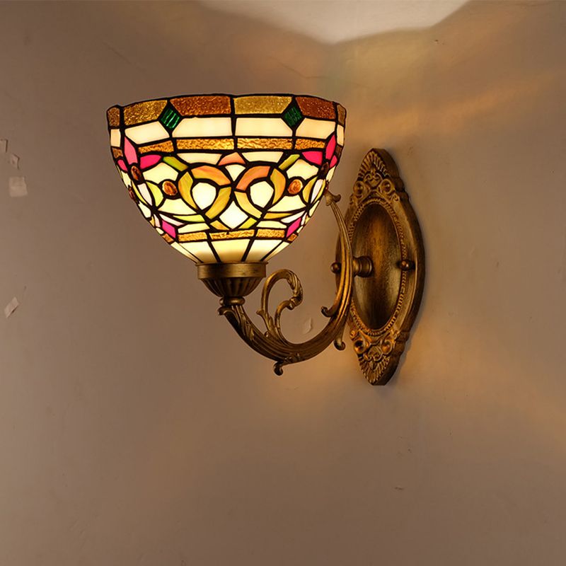 Dome Shade Floral Stained Glass Wall Light Fixture Decorative Single Gold Wall Mounted Lamp