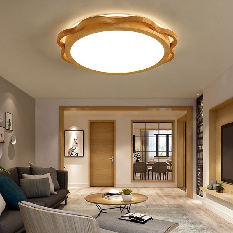 Wood Modern Ceiling Light LED Geometric Shape Flush Mount with Acrylic Shade for Bedroom