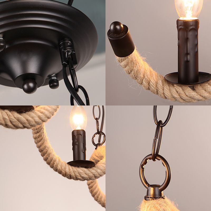 3-Light Candle Island Lamp Vintage Black Rope Pendant Light Fixture for Dining Room