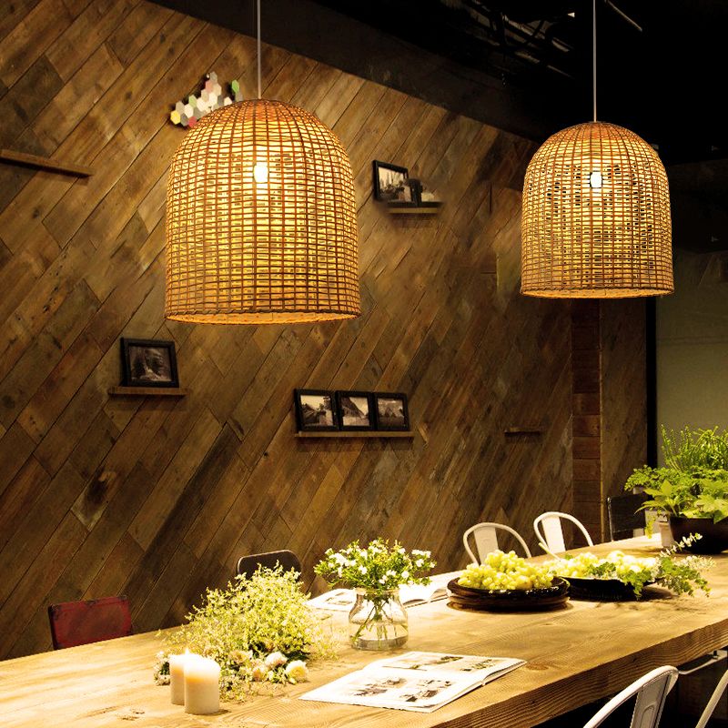 Asia Single-Bulb Pendant Lamp Beige Cloche Shaped Suspension Light with Bamboo Shade