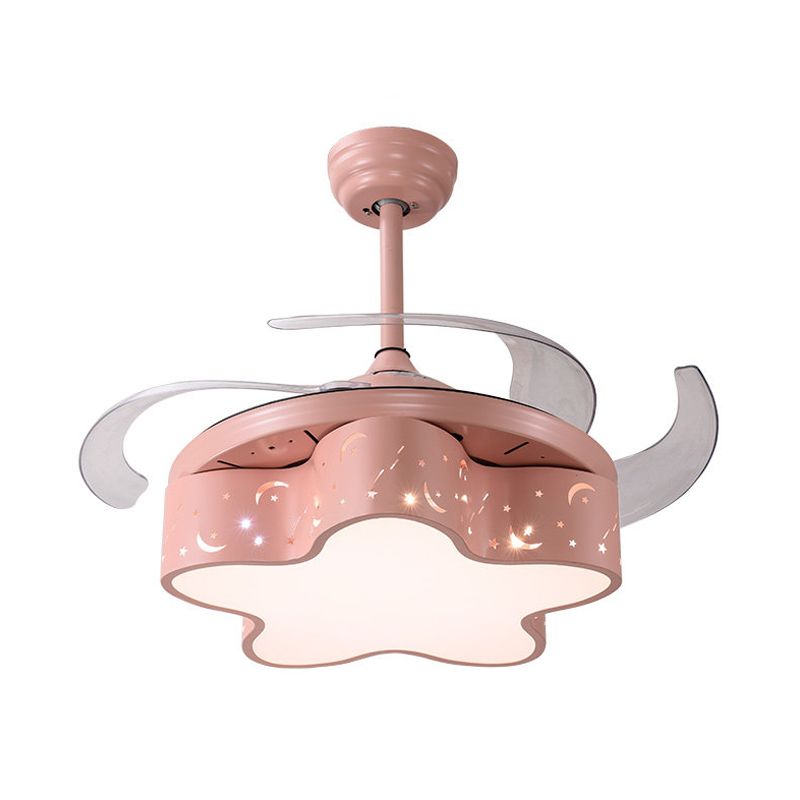Star Shape Bedroom Pendant Fan Lighting Metal Nordic Kids 4 Clear Blades LED Semi Flushmount in White/Pink/Blue, 66" Wide