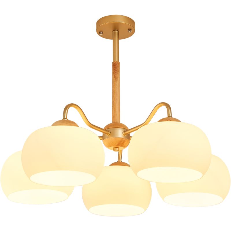 Solid Wood Domed Chandelier Lighting Nordic Hanging Light with White Glass Shade