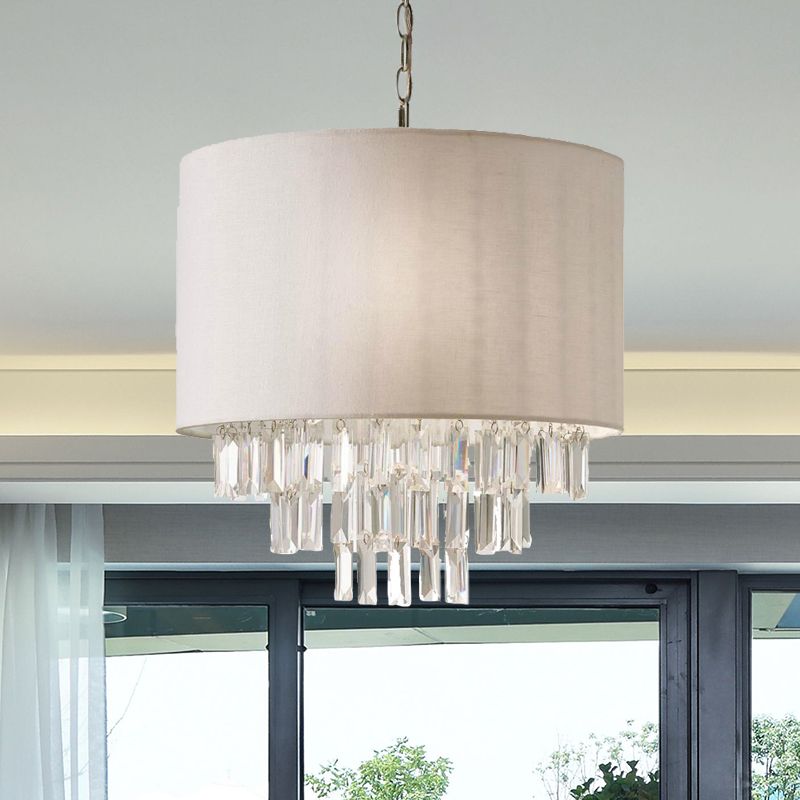 Rectangular-Cut Crystal Drum Hanging Chandelier Modern 3/4 Lights Beige Ceiling Lamp with Fabric Shade