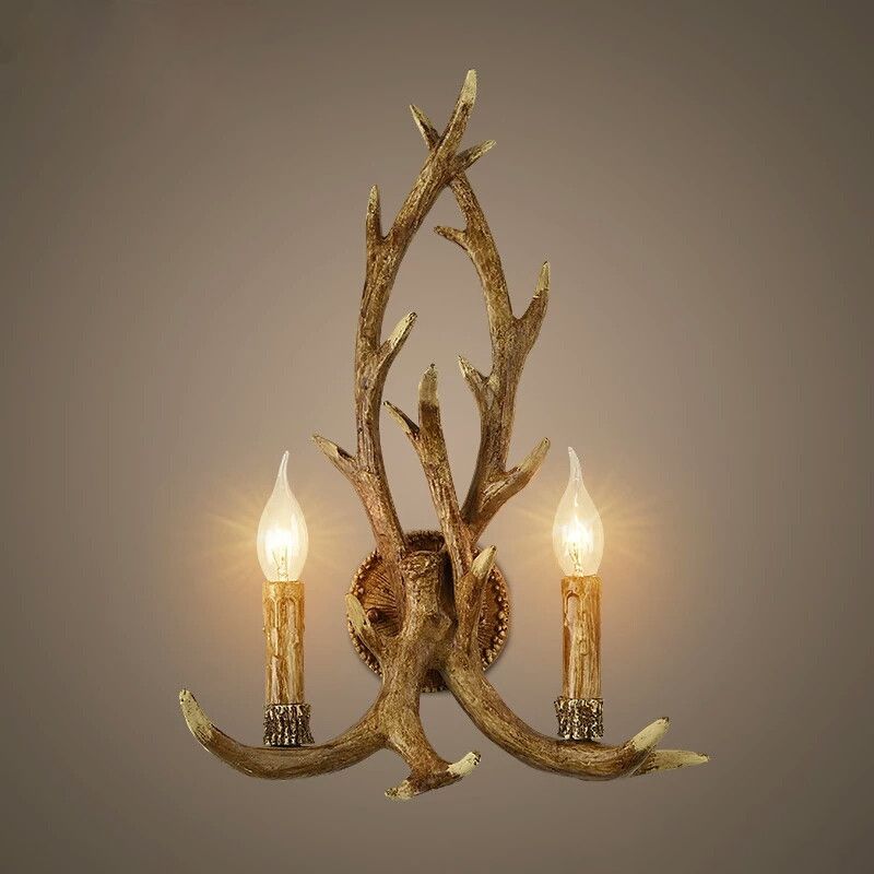 Resin Wood Sconce Lamp Open Bulb 1-Light Traditional Wall Mounted Lighting for Indoor with Antler Backplate