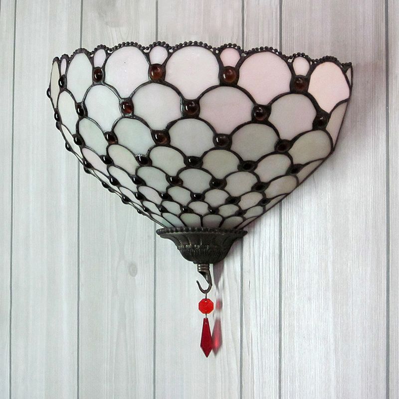 Fish Scale Wall Sconce with Bowl Shade White Glass 1 Light Vintage Wall Mount Light for Outdoor