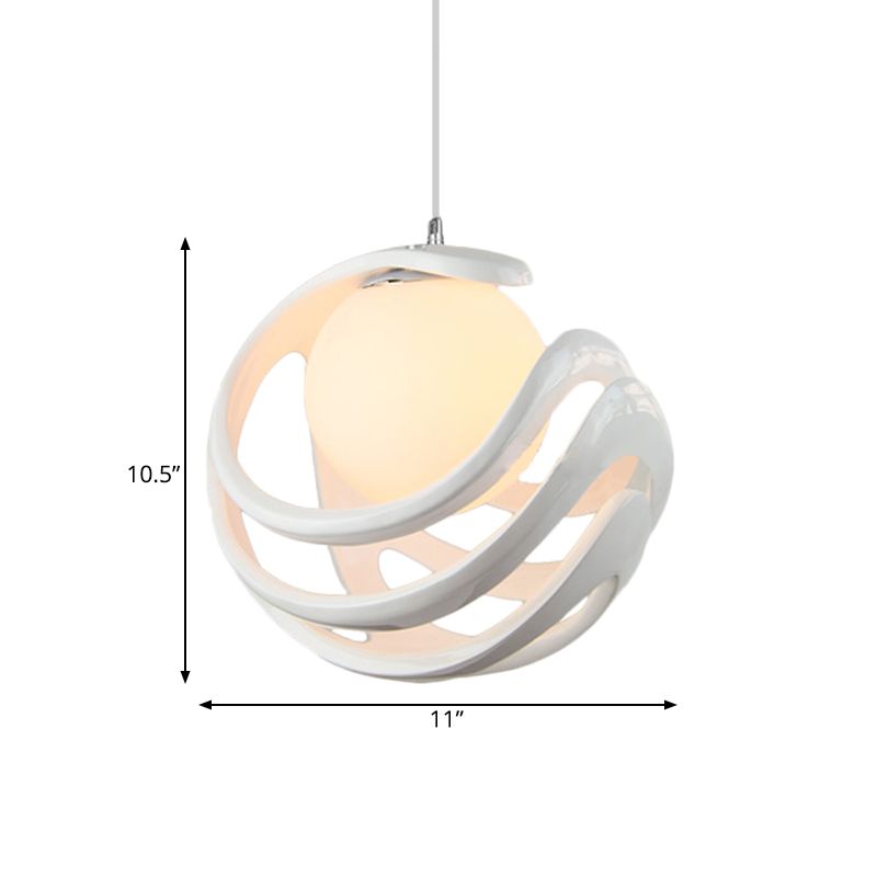 Resin Curled Cage Pendant Lighting Modern 1 Bulb White Ceiling Lamp with Orb Milk Glass Shade