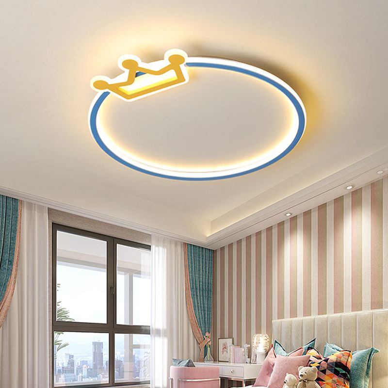 Blue Ring Flush Mount Plafond Lamp Modernist Acryl LED Flushmount Verlichting met Diamond/Crown Design voor slaapkamer
