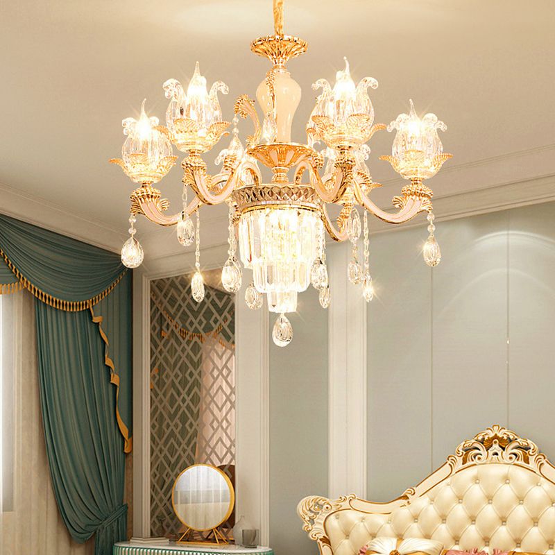 Handgeblasenes Glasblumenaufhängung Licht Retro -Retro -Stil -Kronleuchter Licht mit abgestufter Kristalldekor in Gold