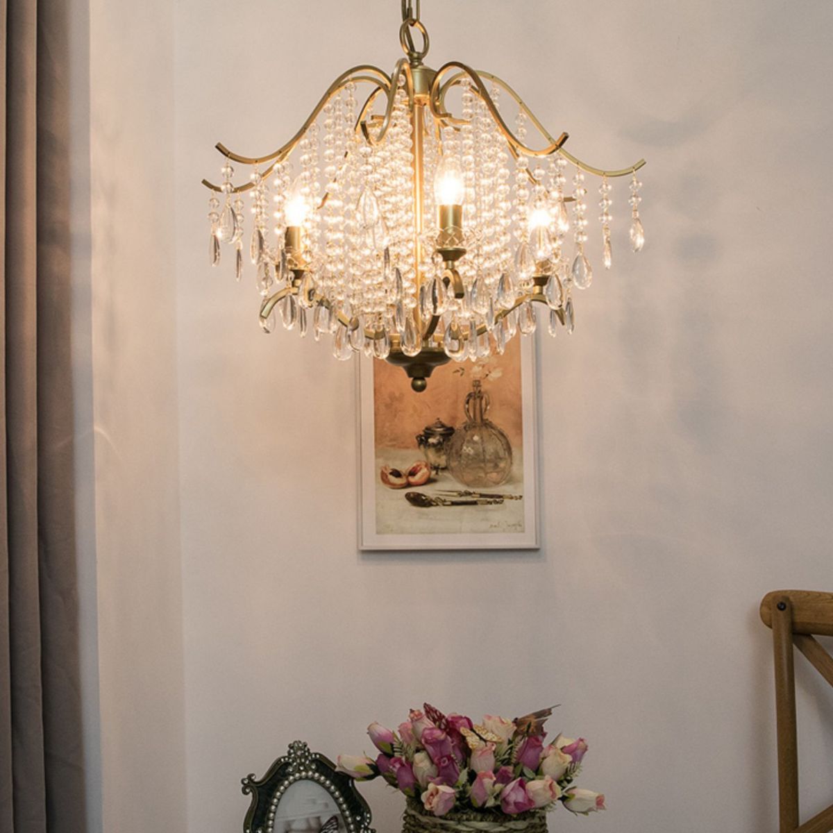 Retro Candlestick Chandelier 6 Heads Iron Hanging Lamp in Gold with Crystal Decoration