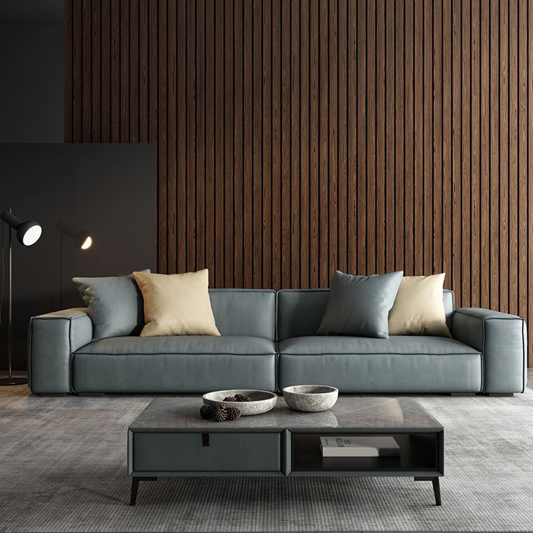 Contemporary Stationary Faux Leather Living Room Seating Square Arm Cushions Sofa