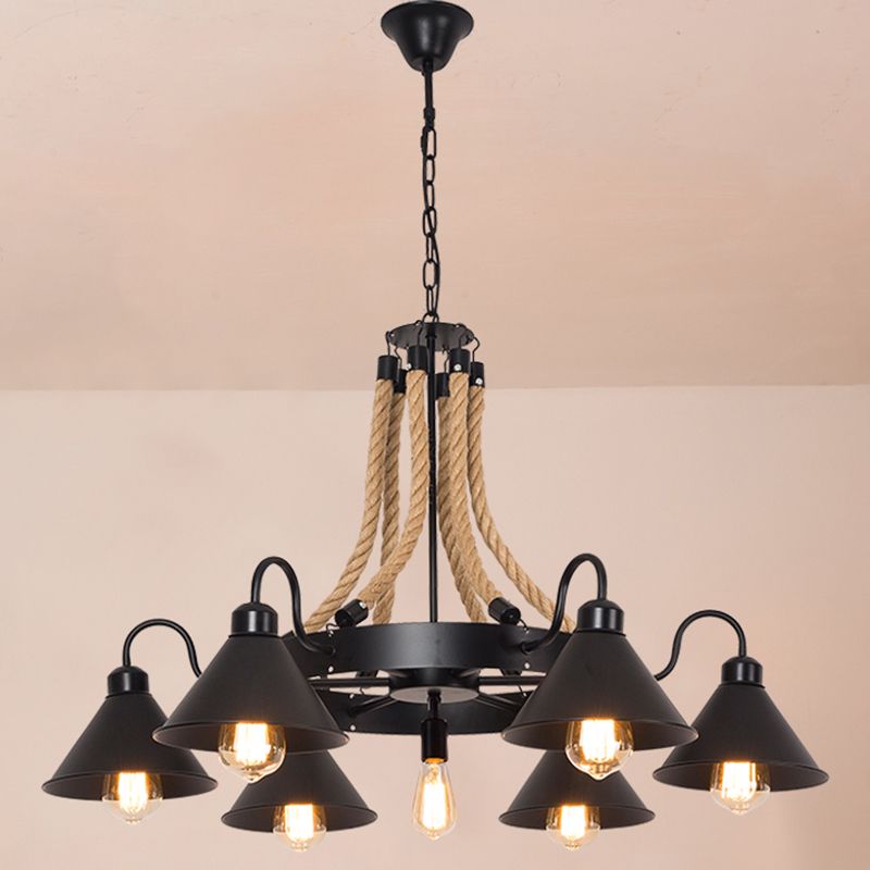 Black Conical Shade Chandelier Lighting Antique Style Iron Restaurant Pendant Light Fixture with Hemp Rope