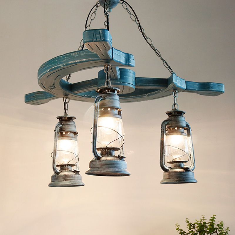 3 Lights Living Room Chandelier Light Industrial Blue Pendant with Kerosene Clear Glass Shade