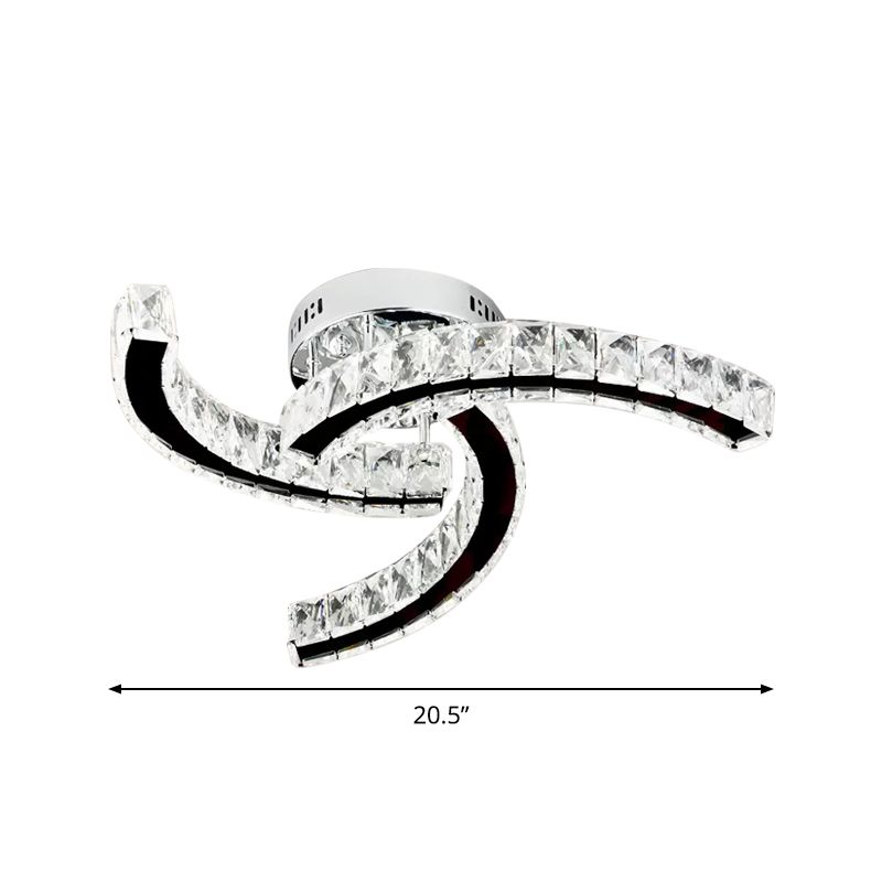 Modernist Curved Linear Ceiling Lamp Crystal Block LED Parlor Semi Flush Lamp in Stainless-Steel, Warm/White Light