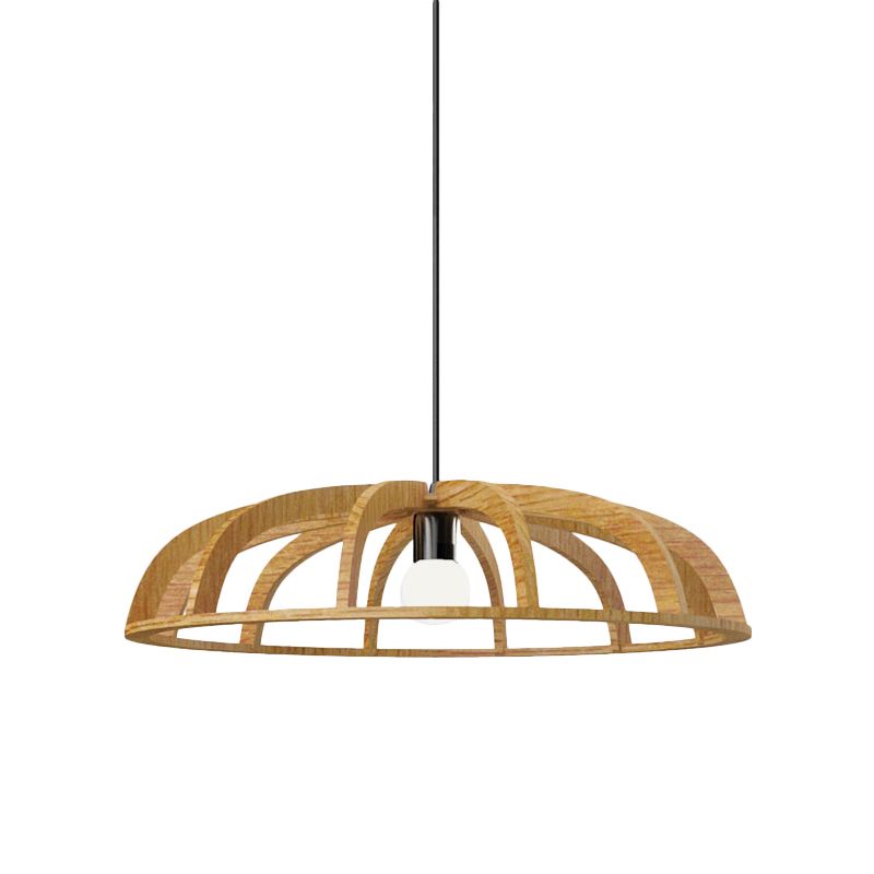 Flat Bowl Frame Hallway Suspension Light Wood 1 Bulb Asian Style Beige Ceiling Pendant Light