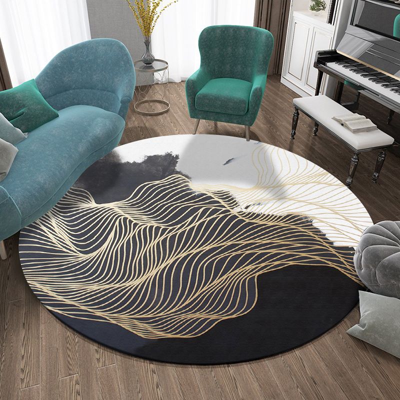 Round Multicolor Casual Indoor Rug Polyester Ink Traces Rug Non-Slip Backing Indoor Rug for Bedroom