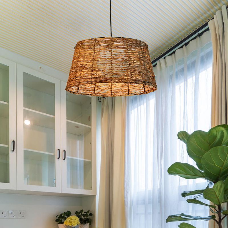 Flare Pendant Light Asian Rattan 1 Head Brown Ceiling Suspension Lamp with Orb Milk Glass Shade