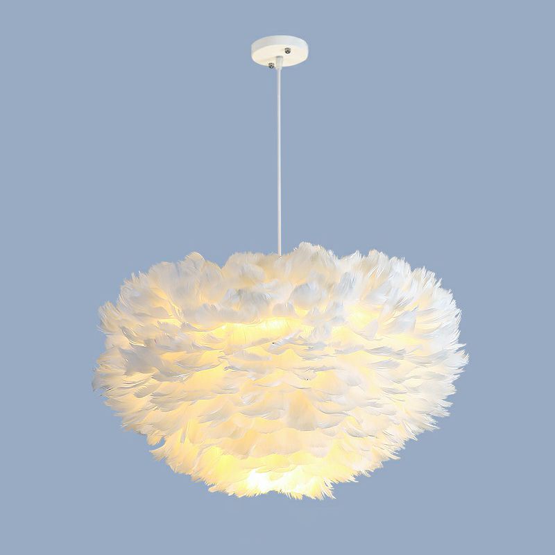 Hemisphere Shaped Girls Bedroom Ceiling Lighting Feather Minimalistic Chandelier Light Fixture