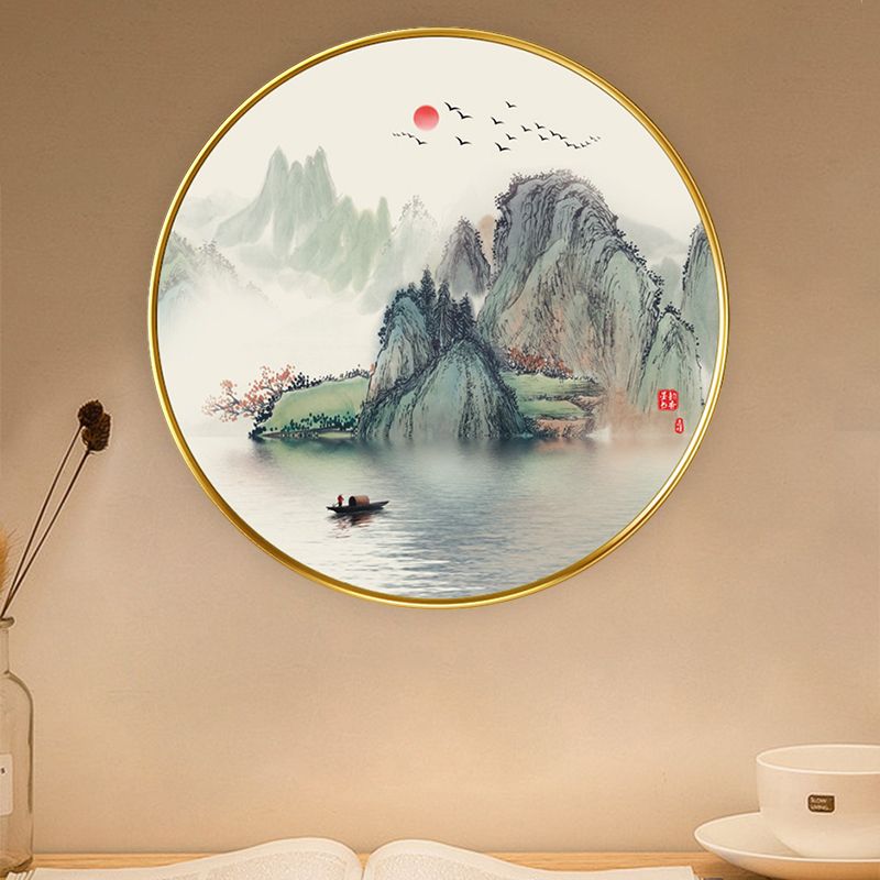 Asia Circular Acrylic Wall Mount Lamp LED Wall Mural Light in Gold with Lake and Mountain Pattern