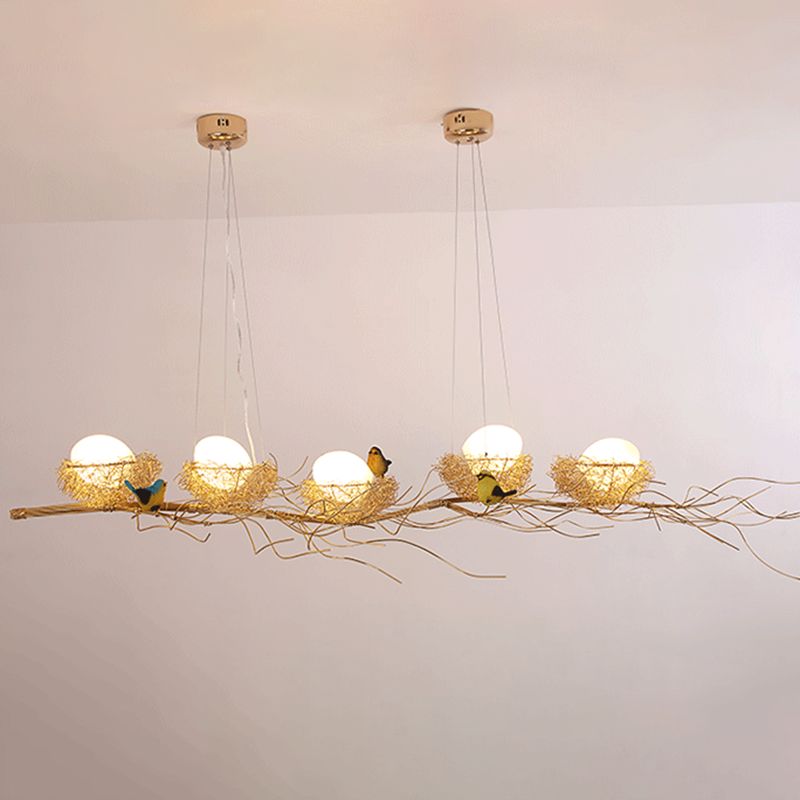 Bird and Nest Island Lampada decorativa in metallo in metallo appeso con tonalità in vetro di uova