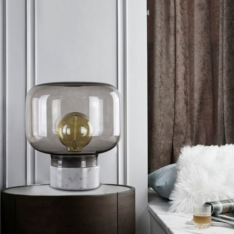 Smoked Glass Drum Table Lamp Nordic Style 1-Light Nightstand Light with Marble Base
