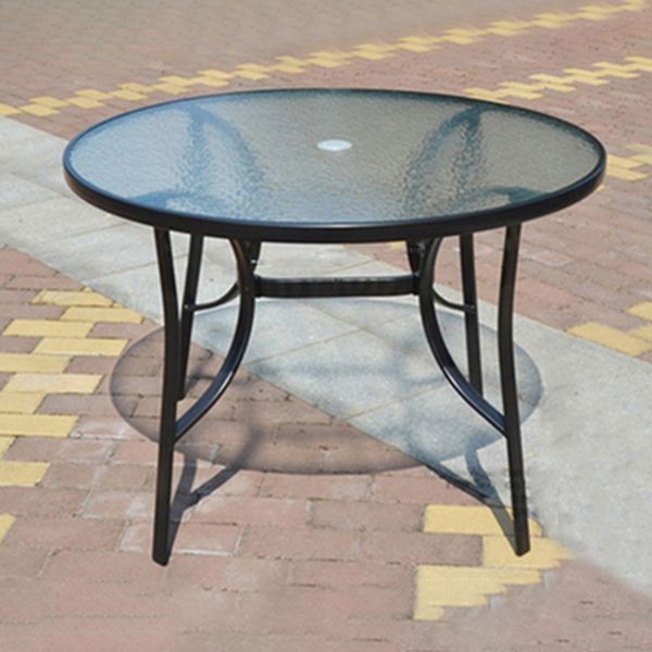 Industrial Glass Top Bistro Table Water Resistant Patio Table with Iron Frame