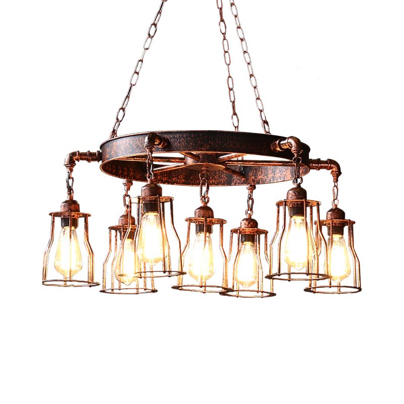 Rust 7 luces Luces Light Farmhouse de hierro forjado Lámpara de lámpara de araña colgante con diseño de ruedas