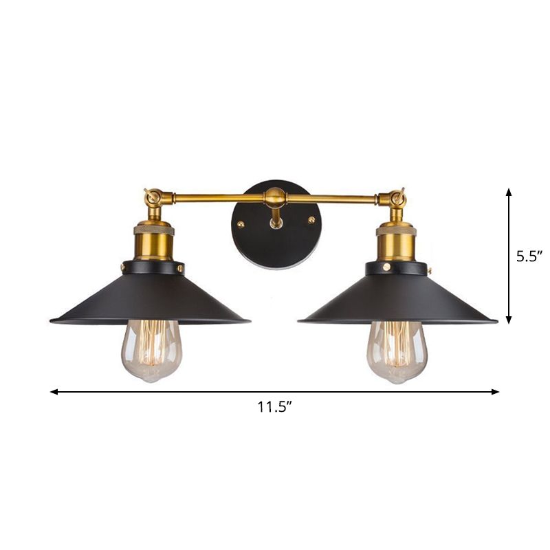 Cone Workshop Wall Light Kit Rustic Metal 1/2-Light Black Wall Mount Lamp with Rotating Brass Linear Arm