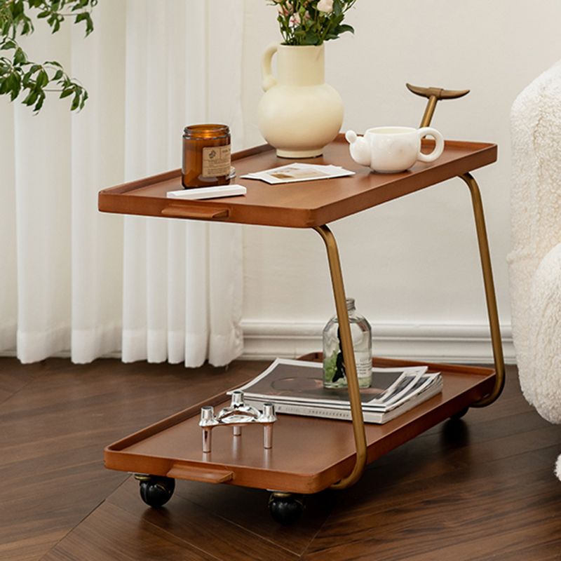 Cherry Wooden Storage End Table Rectangular 2-Tier Side Table with Casters