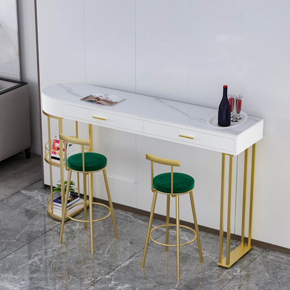 White Stone Glam Indoor Bar Dining Table Iron Double Pedestal Bistro Table Fixed Table