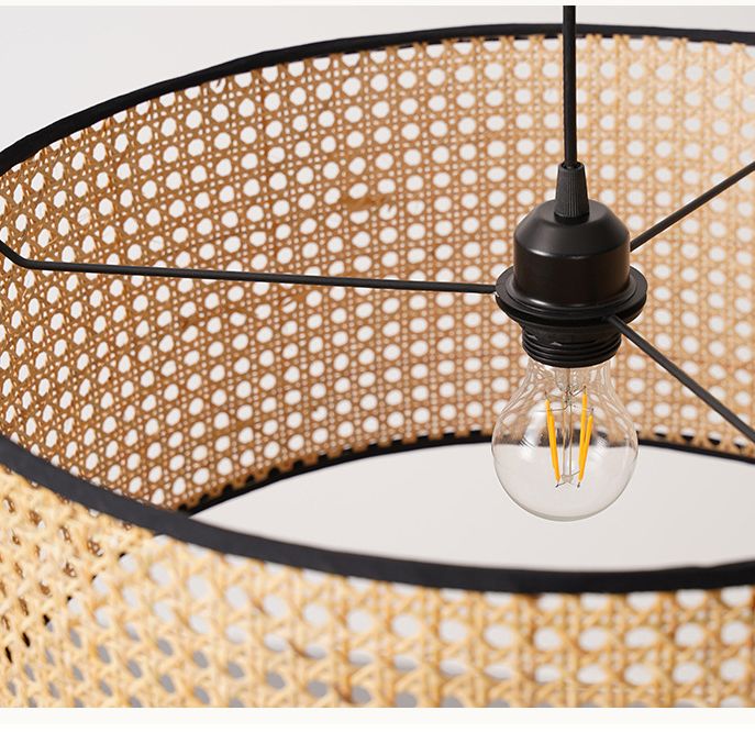 Drum Rattan Schatten Anhänger Hanging Lamp Asia Style 1 Licht hängende Deckenleuchte im Beige für Wohnzimmer
