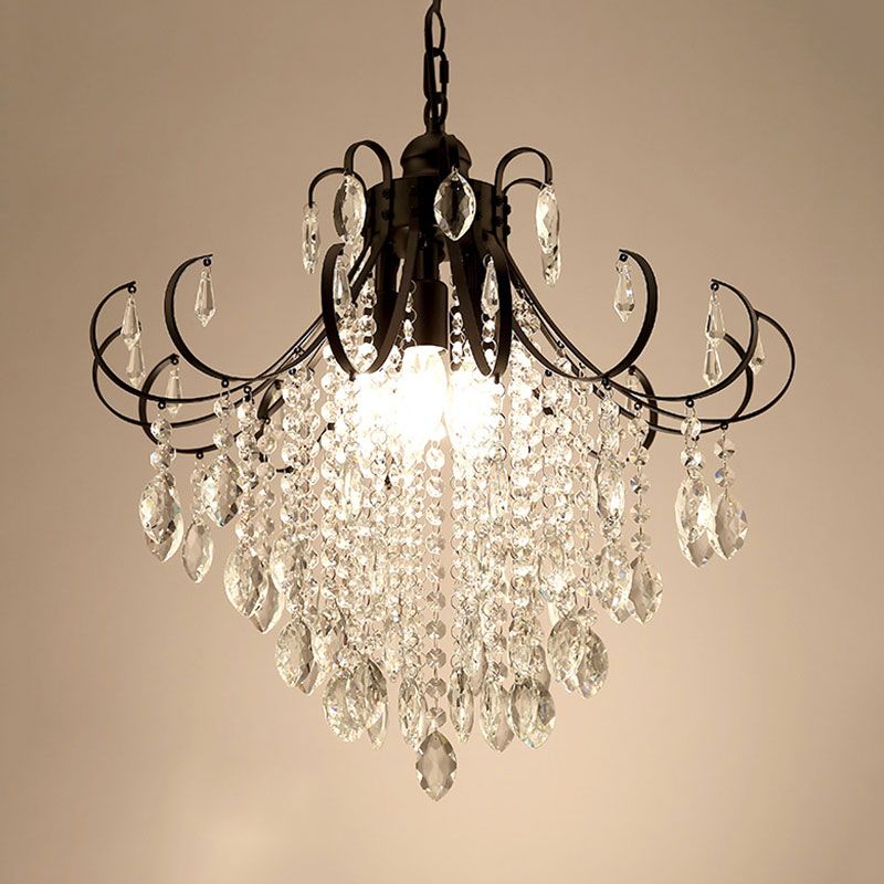 Glam Teardrop Pendant Light Metal Curved Arm Cascading Crystal Strands Chandelier