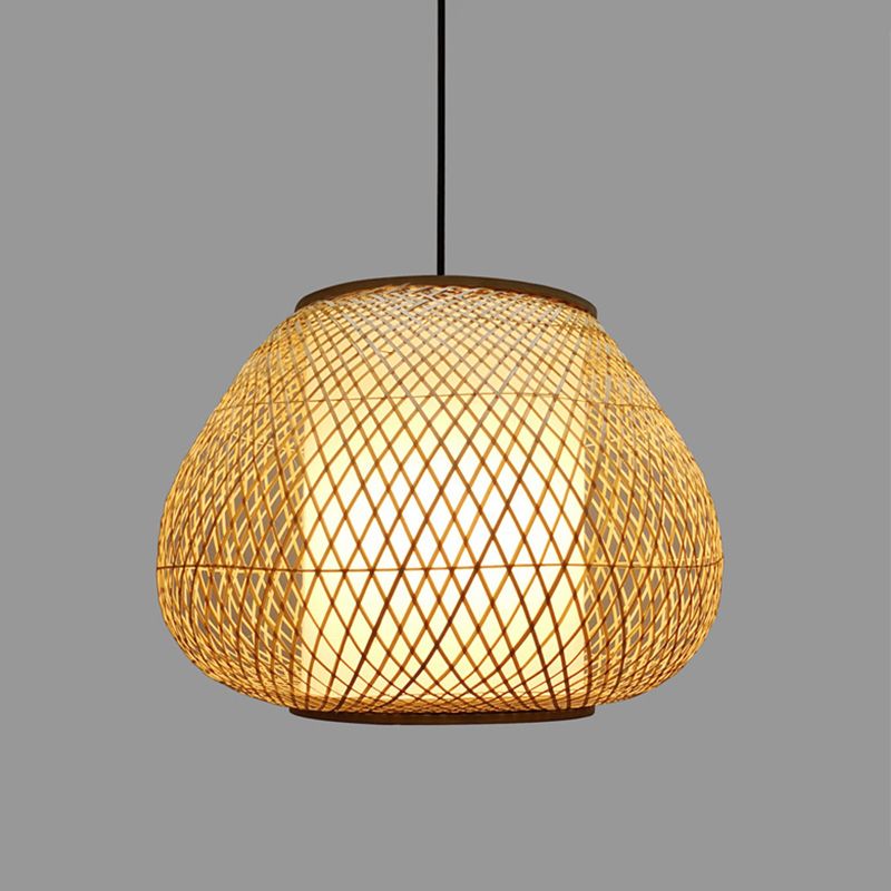 Pear Pendant Light Chinese Bamboo 1 Bulb Beige Suspended Lighting Fixture for Living Room