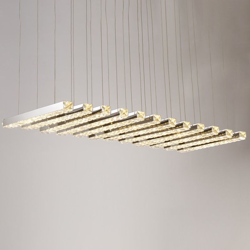 Rectangular Chandelier Pendant Light Minimalist Crystal Dining Room LED Hanging Light in Stainless-Steel