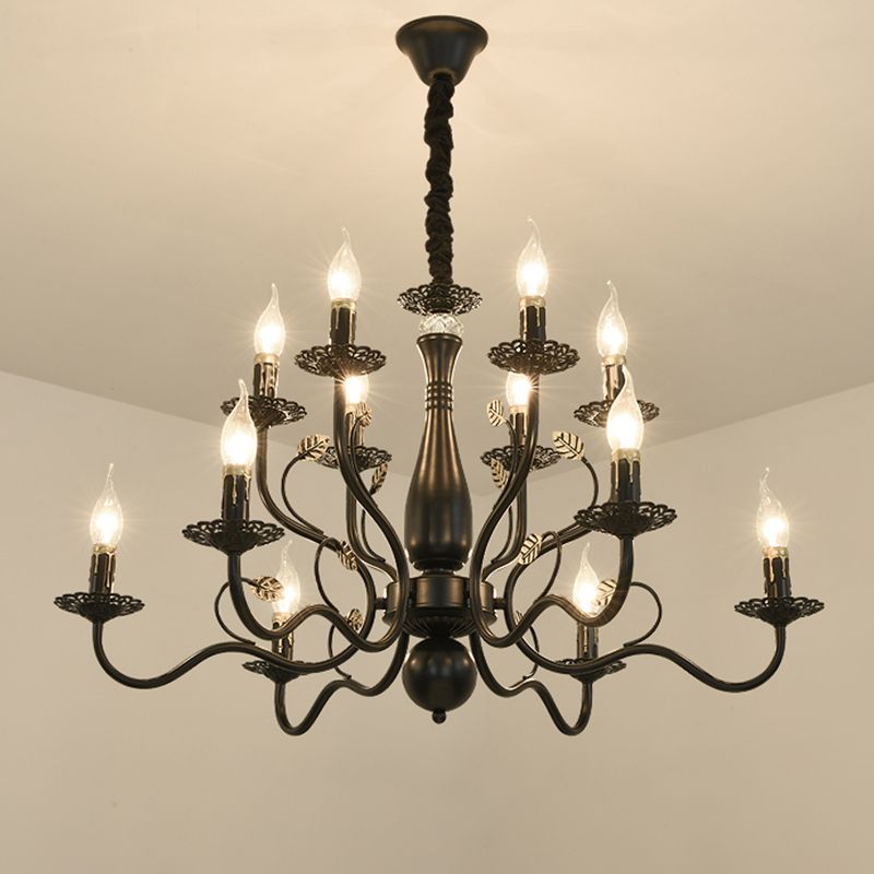 Metal Swooping Arm Hanging Chandelier Traditional 6/12/16 Lights Living Room Pendant Light in Dark Brown