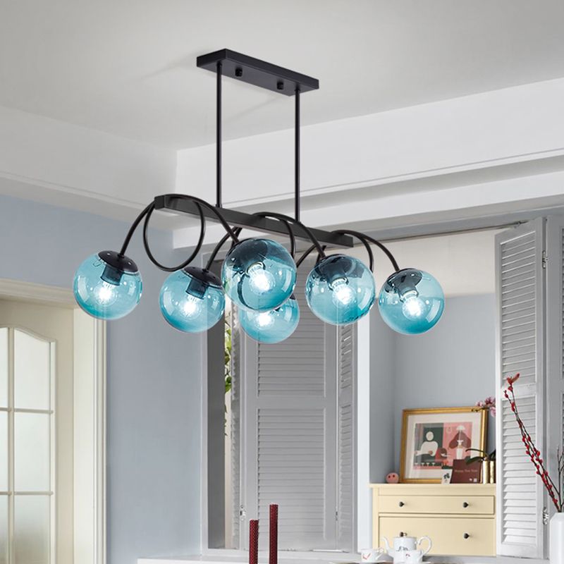 Modern Sphere Island Light Glass Dining Room Suspended Lighting Fixture in Black