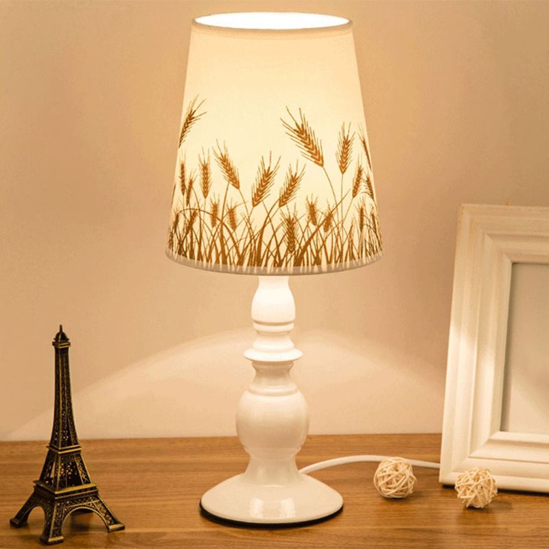 White 1 Head Table Lighting Classic Patterned Fabric Bucket Nightstand Lamp with Baluster Base