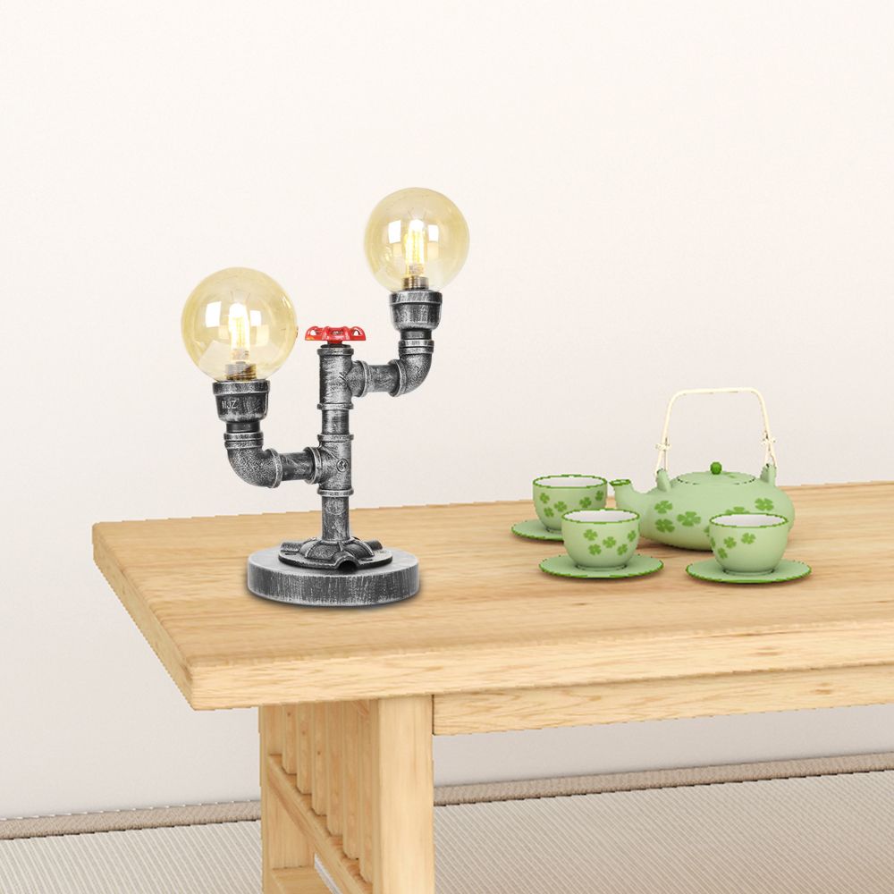 Lámpara de escritorio de 2 luces Sombra redonda industrial de sombra transparente/iluminación de mesa de vidrio ámbar en plata antigua