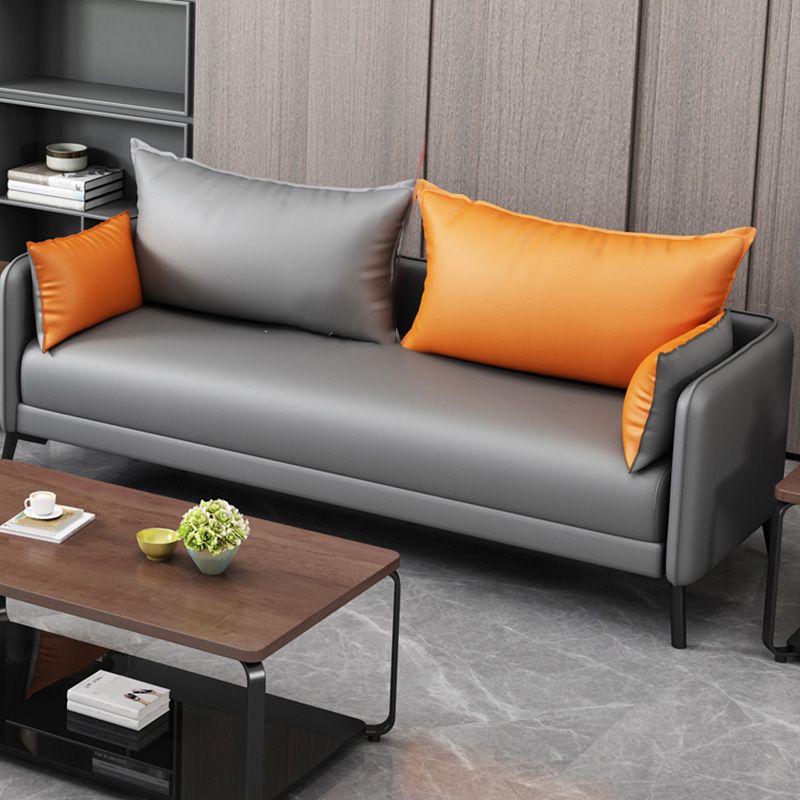 Contemporary Sofa Faux Leather Square Arm Sofa with Pillows for Apartment