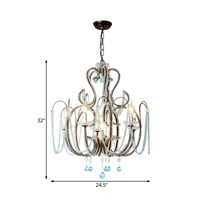 6 Lights Curve Arm Chandelier Light Vintage Rust Metal Hanging Light Kit with Crystal Strand