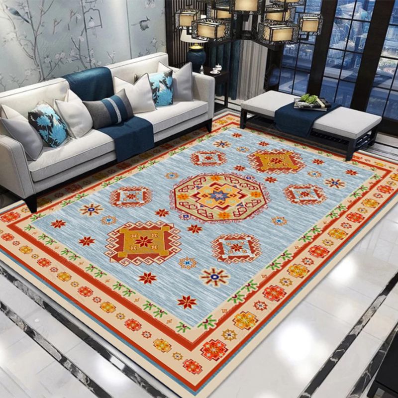 Moroccan Living Room Rug in Blue and Red Medallion Floral Print Rug Polyester Machine Washable Area Rug