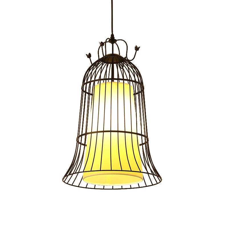 Bell White Glass Hanging Light Vintage 1 Light Dining Room Pendant Light with Black Wire Cage, 10"/14" Wide