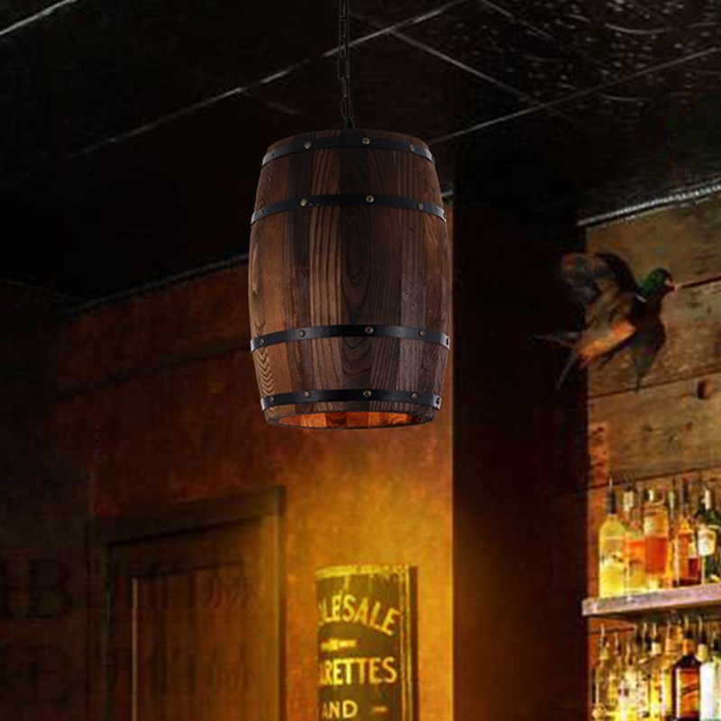 Farmhouse Barrel Pendant Lamp 10"/12" Wide 1 Light Wood Hanging Light Fixture in Brown