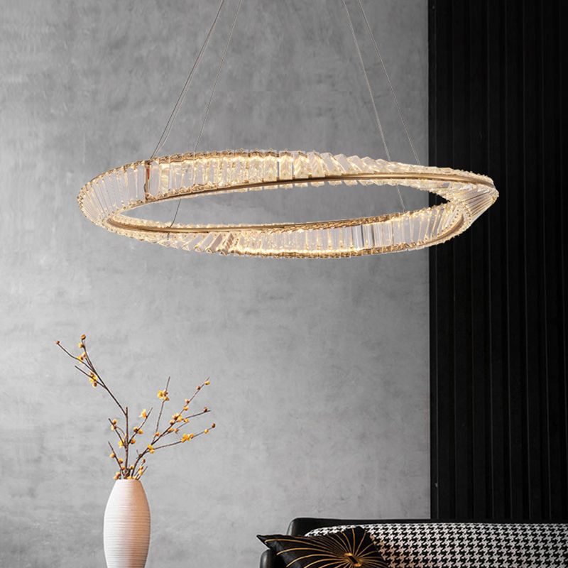 Modern Luxury LED Pendant Light Wrought Iron Circular Hanging Lamp with Crystal Shade