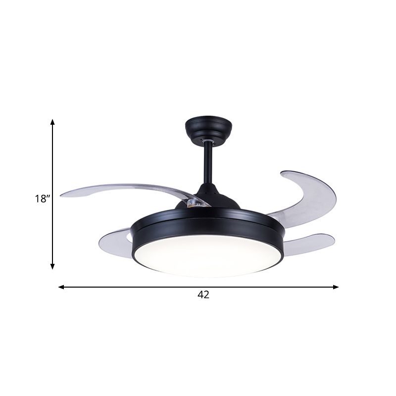 Acrylcirkel hanger ventilator licht eigentijdse led 42 "w slaapkamer 4 heldere messen semi -spoelmontage verlichting in zwart, op afstand/muurbediening/afstandsbediening en muurregeling
