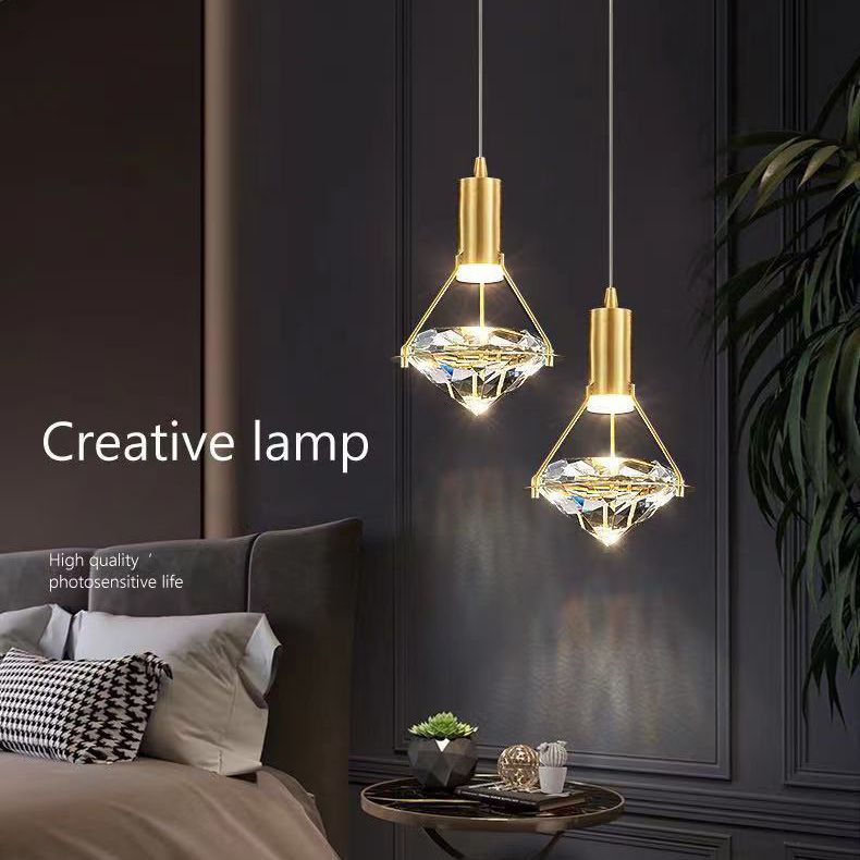 Brass Crystal LED Pendant Light in Modern Luxury Style Copper Geometric Hanging Lamp for Bedroom