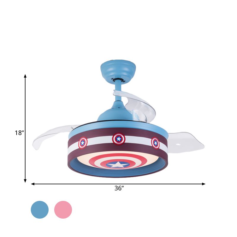 Pink/Blue Round 3 Blades Semi Flush Light Kids LED Metallic Hanging Ceiling Fan Lamp with Hero Shield Pattern, 36" Wide