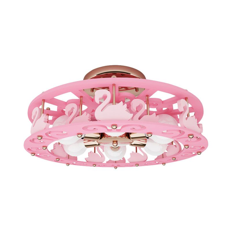 Metal Drum Semi Mount Lighting Kids 6 Lights Pink Flush Light Fixture with Bird/Angel Decoration
