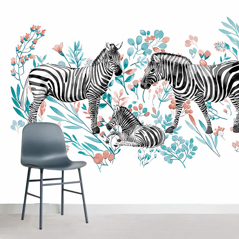 Stylish Zebra Wall Paper Murals Multicolored Flowers Wall Covering on White for Bedroom